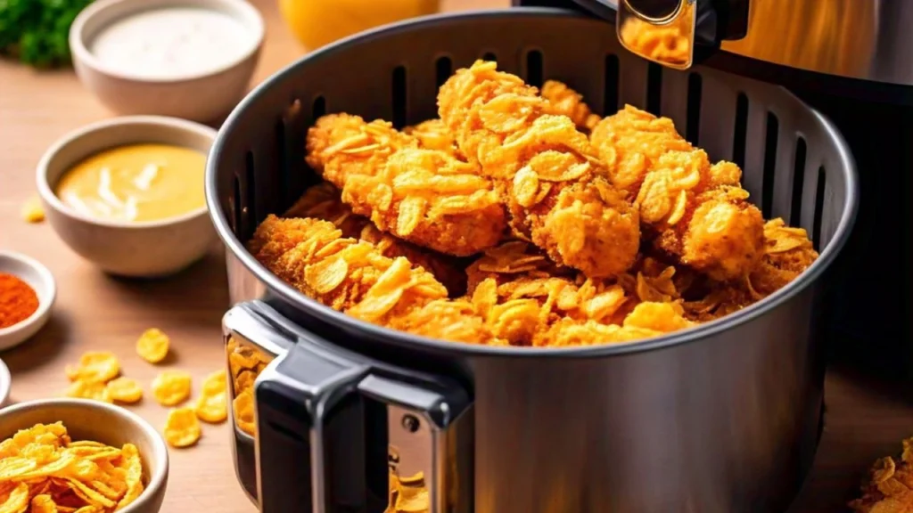 Corn flakes air fryer chicken served with dipping sauces and side salad