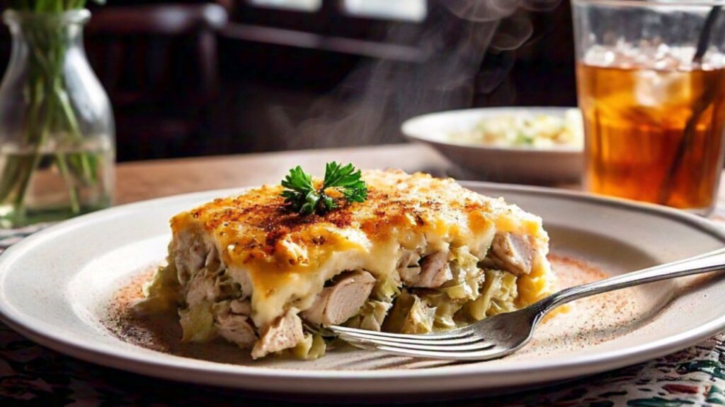 Golden chicken and cabbage casserole fresh out of the oven