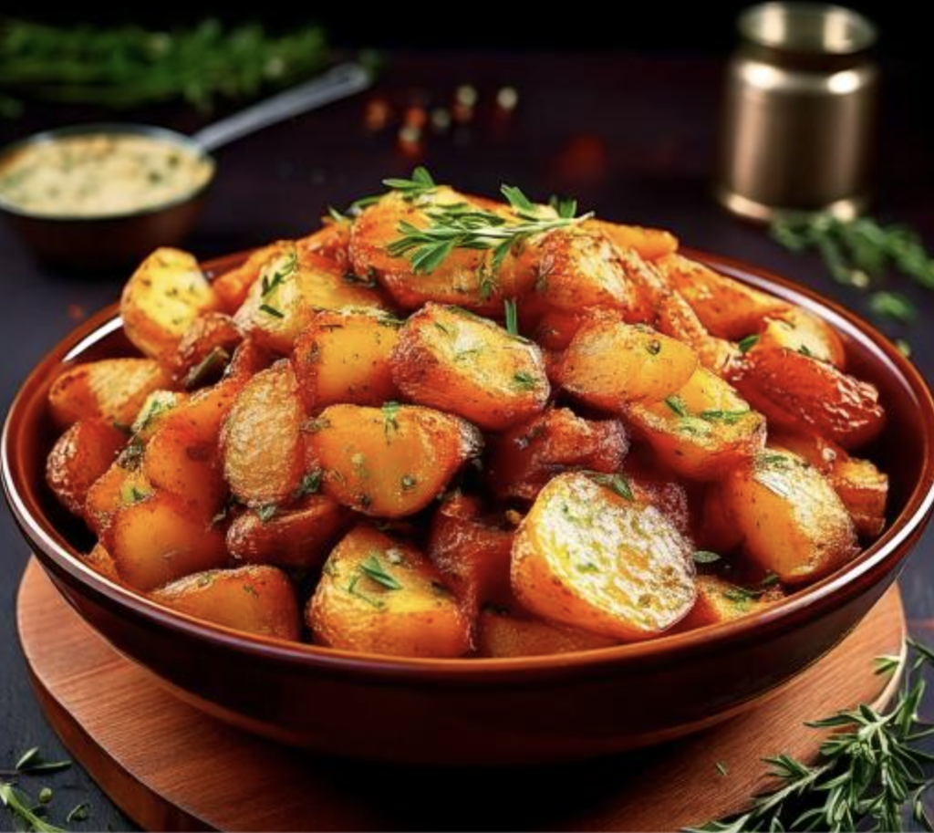 A bowl of creamy roasted potato salad garnished with fresh herbs and served on a rustic table.