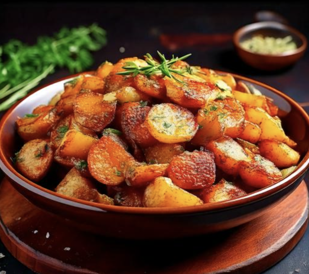 A bowl of creamy roasted potato salad garnished with fresh herbs and served on a rustic table.