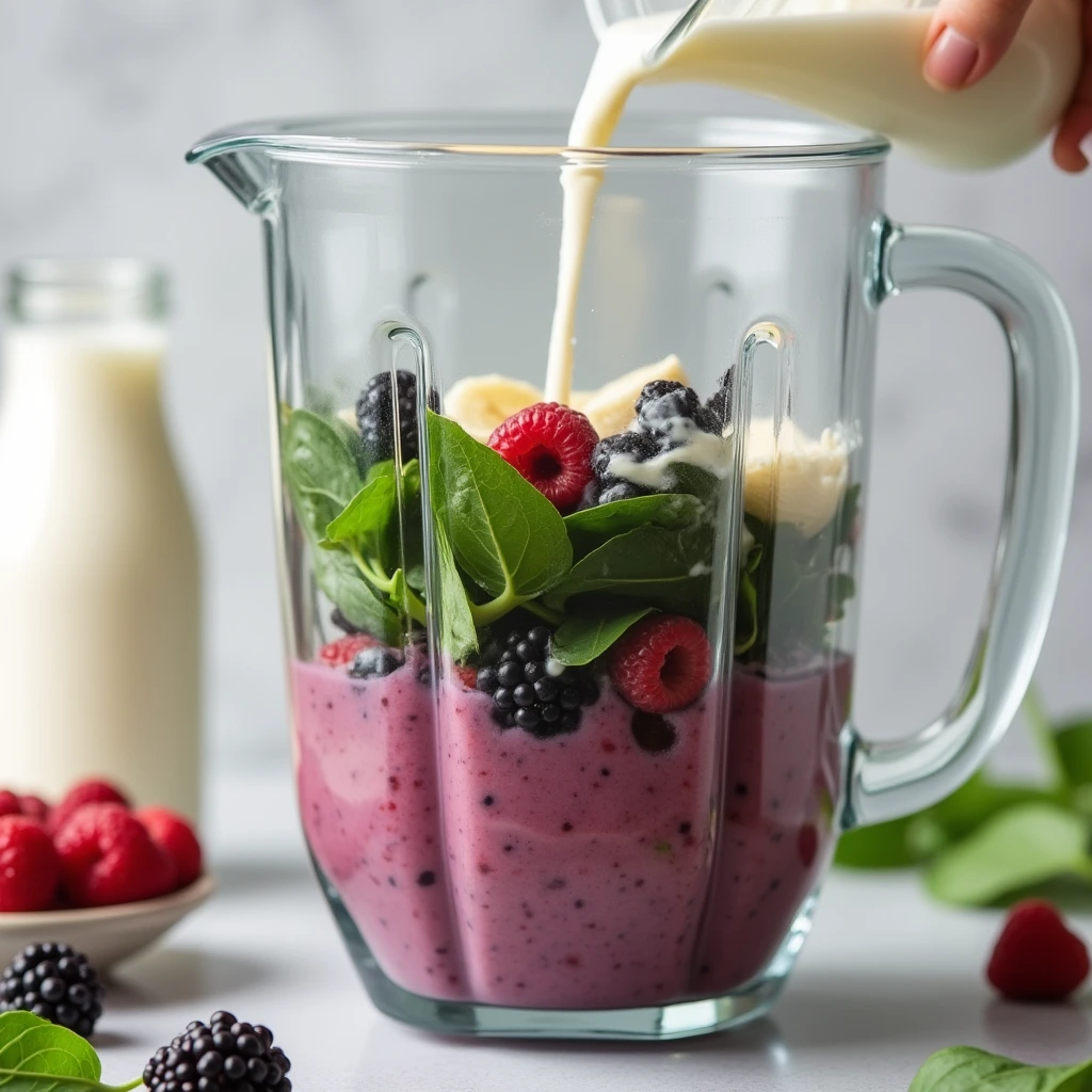 A close-up of a blender filled with kefir, berries, spinach, and banana, mid-blend, with almond milk being poured in, set on a kitchen counter with extra i