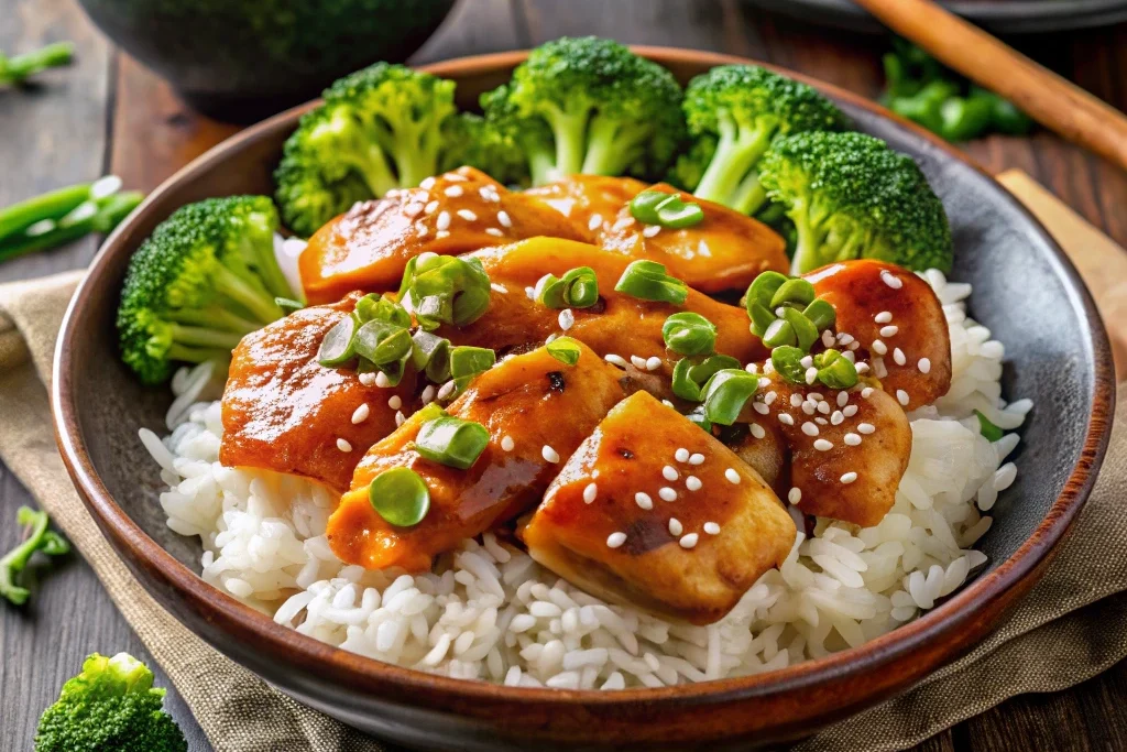 A complete meal of air fryer teriyaki chicken plated with rice and vegetables, garnished with sesame seeds and served with chopsticks on a rust