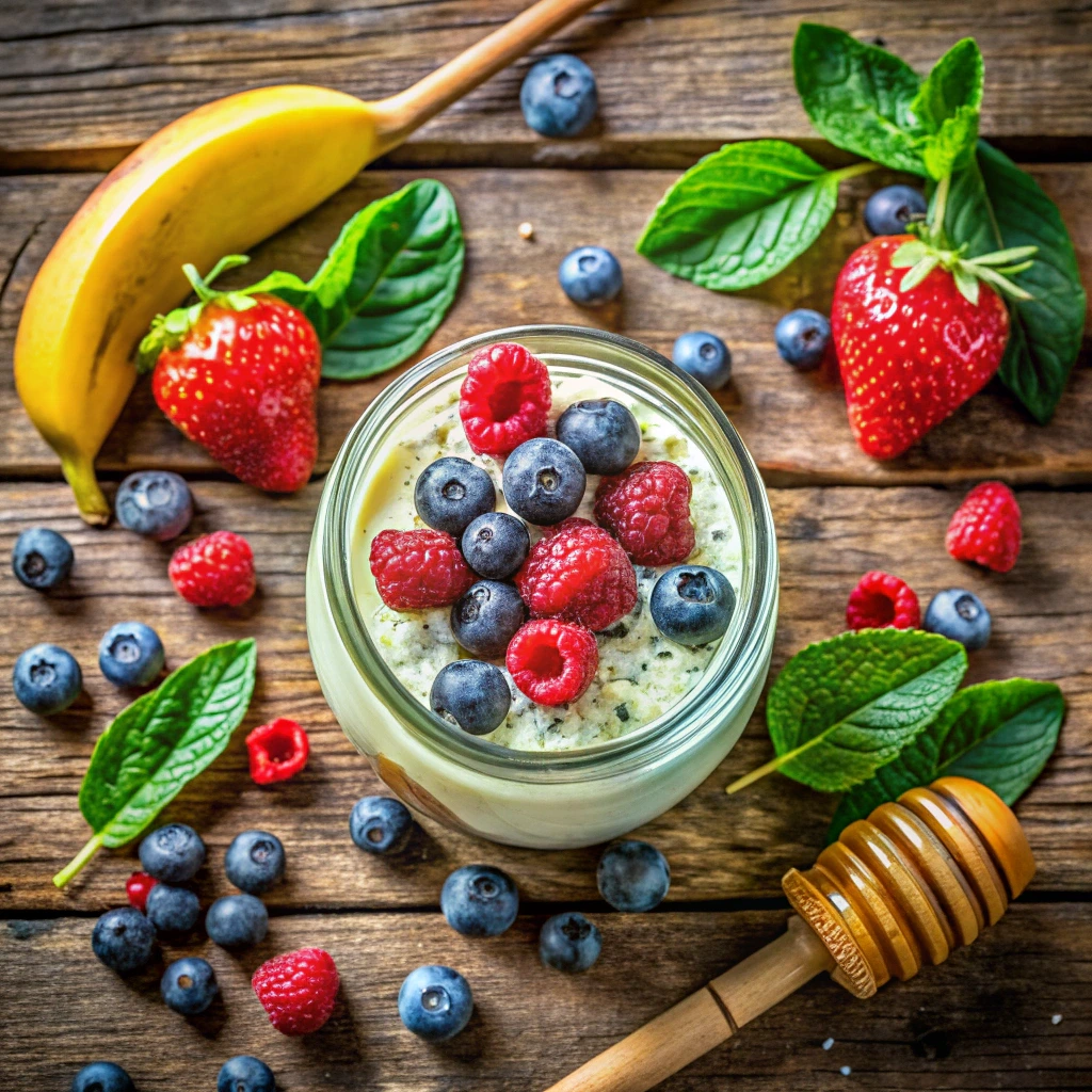 A flat-lay photo of ingredients for a kefir smoothie, including a jar of kefir, fresh mixed berries, a banana, spinach leaves, honey, and chia seeds, arran