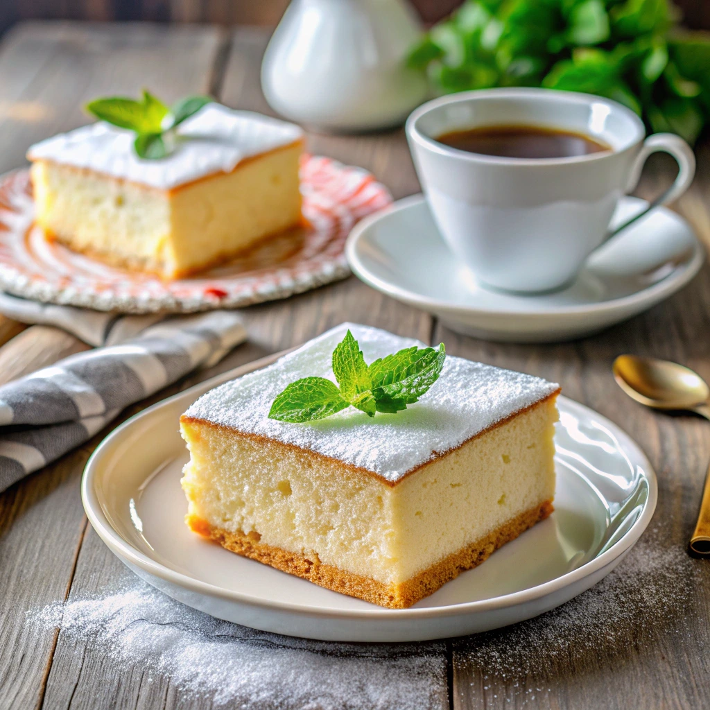 A slice of Kefir Sheet Cake on a plate, garnished with powdered sugar and mint, served with coffee