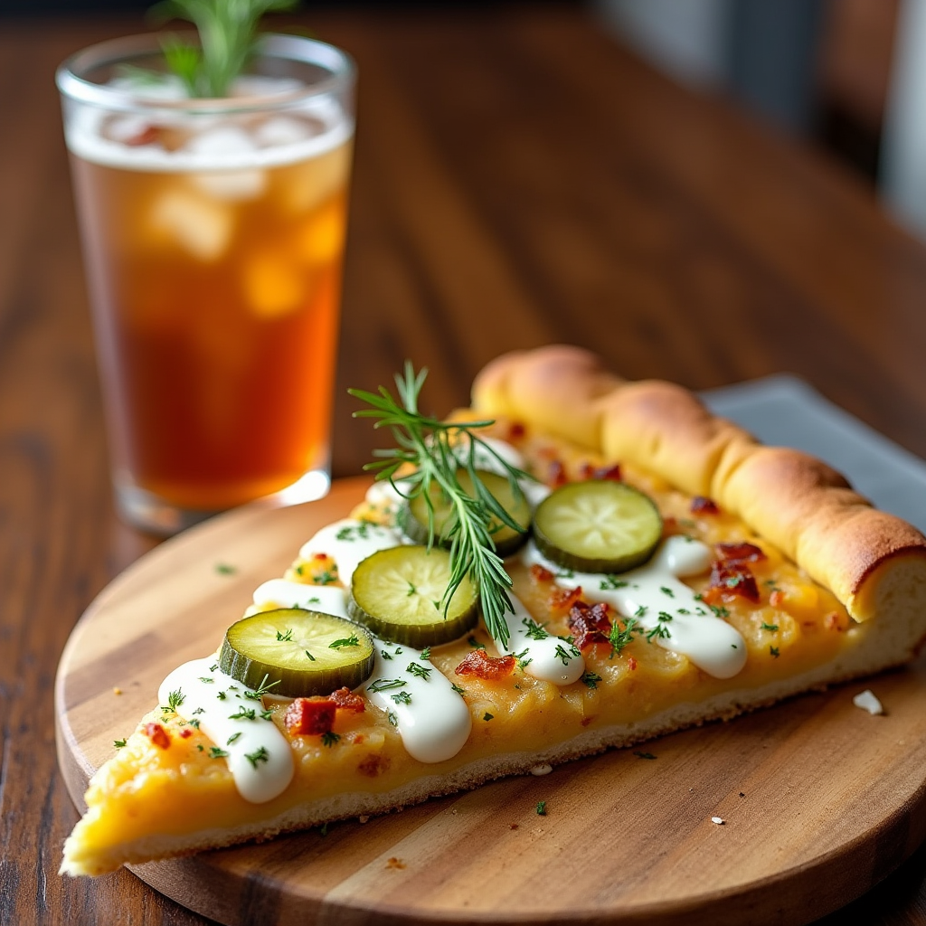 A slice of Pickle Pie Pizza on a wooden board, garnished with fresh dill and ranch dressing, served with iced tea