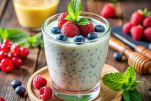 A tall glass of layered kefir smoothie with berries, creamy middle, and frothy top, surrounded by fresh ingredients like berries