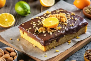 A whole Kefir Sheet Cake with chocolate glaze and nuts, surrounded by fresh ingredients and text overlay reading 'Kefir Sheet Cake Moist, Flavorful