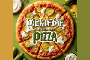 A whole Pickle Pie Pizza with melted cheese, pickles, and ranch drizzle, surrounded by fresh ingredients and text overlay reading 'Pickle Pie Pizza