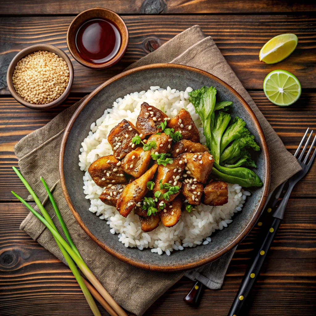 Air fryer teriyaki chicken served over jasmine rice, garnished with sesame seeds and green onions, with a side of stir-fried vegetables