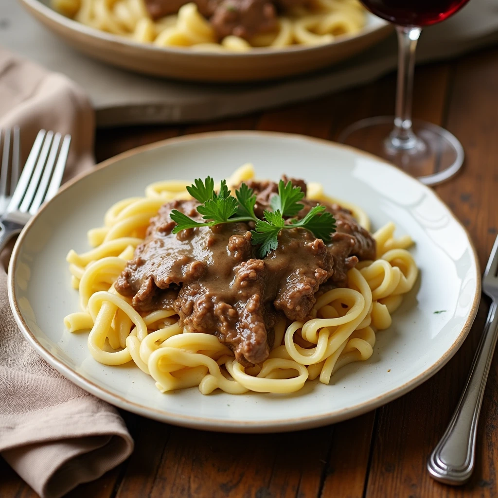 Beef Stroganoff with Leftover Prime Rib served over egg noodles with parsley garnish.