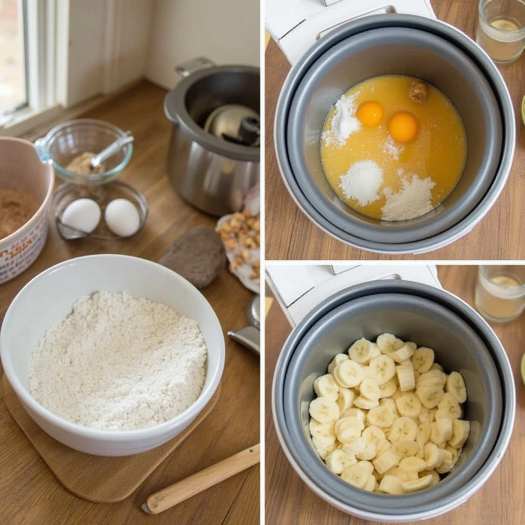 Bread machine banana bread preparation showing layered ingredients