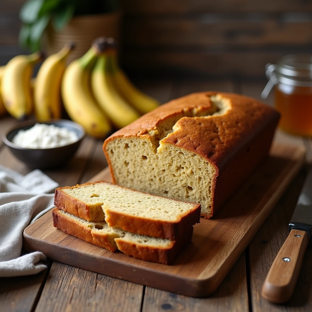 Butter-free banana bread resting on a wooden cutting board with ripe bananas and baking ingredients, showcasing a moist and healthy banana bread recipe without butter