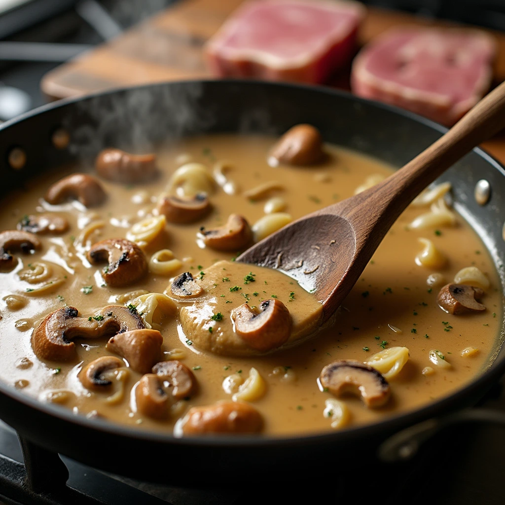 Creamy sauce simmering for Prime Rib Stroganoff with mushrooms and onions.