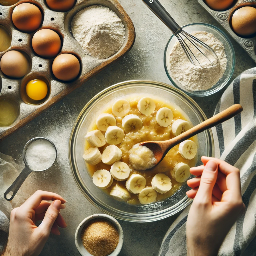 Easy banana bread recipe with bananas, eggs, flour, and sugar