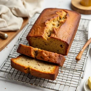 Freshly baked 3-ingredient banana bread loaf cooling on a wire rack, sliced to reveal its soft and moist texture, served with honey and a butter knife