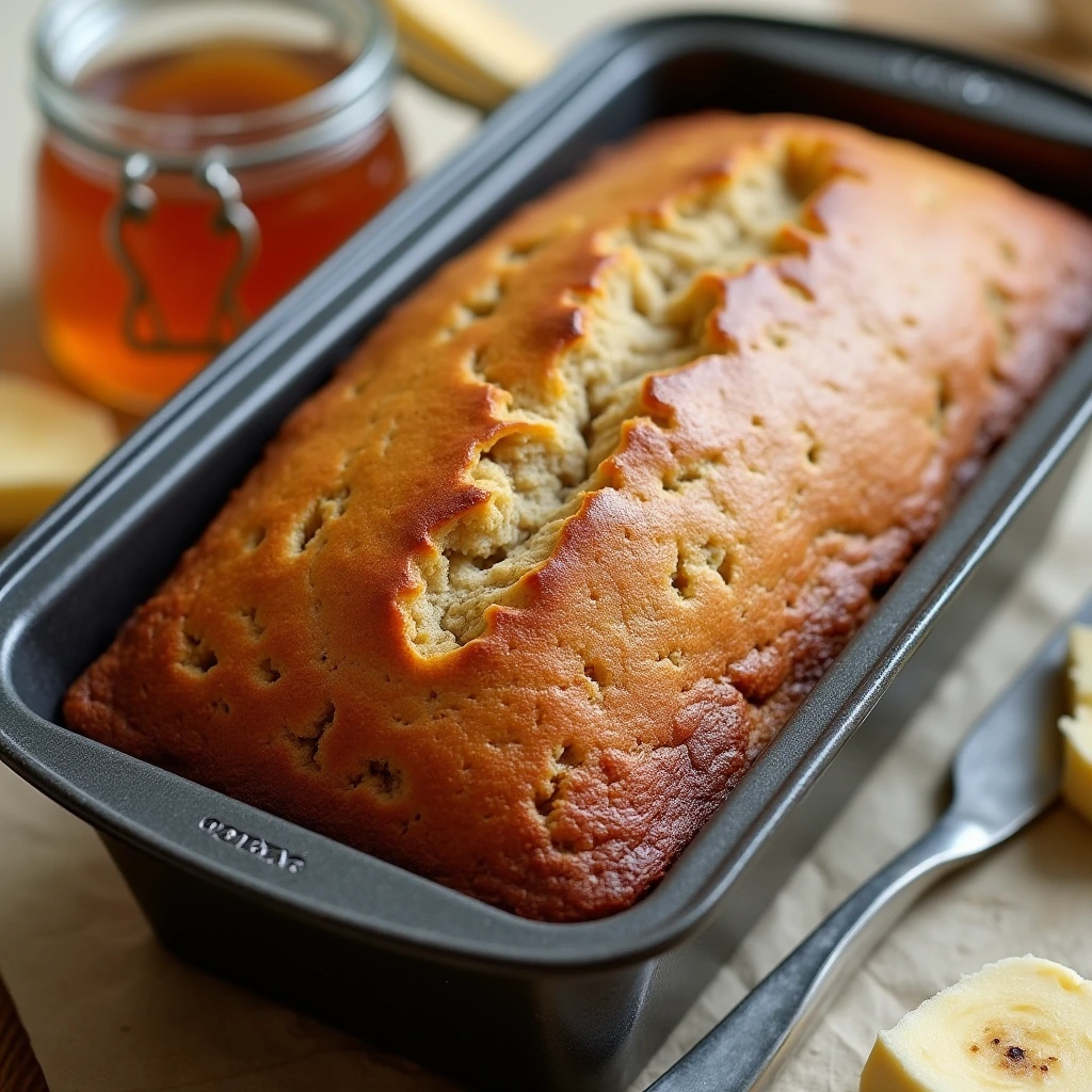 Freshly baked bread machine banana bread, golden brown and sliced, showing its moist texture.