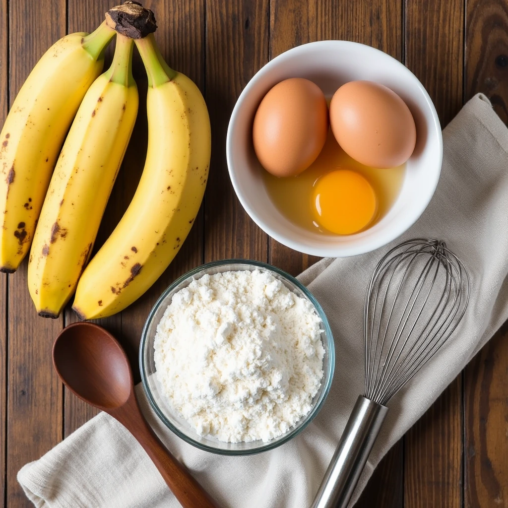 Ingredients for 3-ingredient banana bread displayed on a wooden countertop, including ripe bananas, eggs, and self-rising flour, with a wooden spoon and whisk nearby