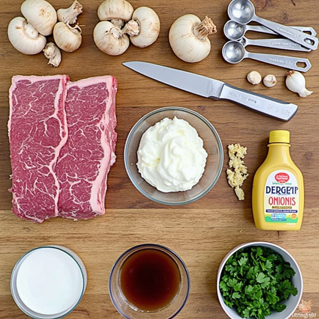 Ingredients for Beef Stroganoff with Leftover Prime Rib on a wooden countertop.