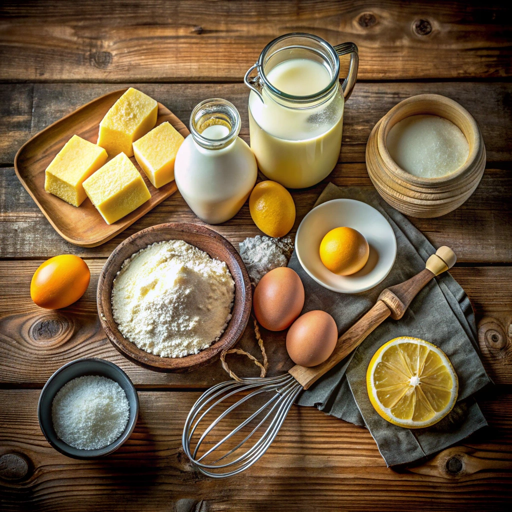 Ingredients for Kefir Sheet Cake kefir, flour, sugar, eggs, butter, vanilla, and lemon on a wooden table