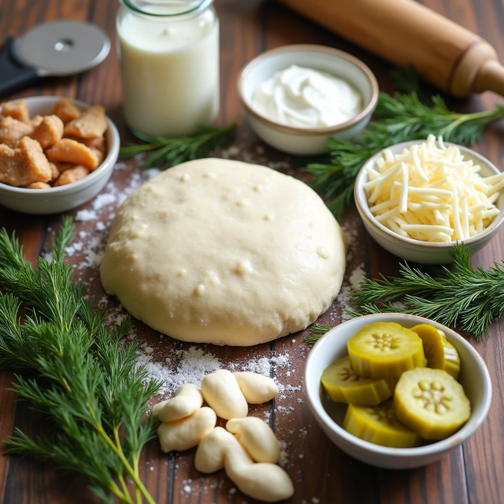 Ingredients for Pickle Pie Pizza pizza dough, dill pickles, mozzarella cheese, ranch dressing, bacon bits, and fresh dill on a wooden table.