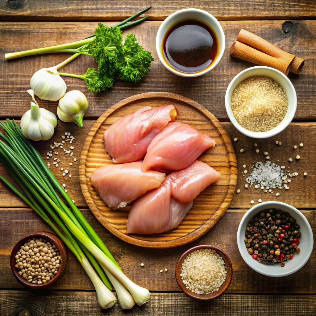 Ingredients for air fryer teriyaki chicken, including raw chicken, soy sauce, garlic, ginger, honey, and sesame seeds, displayed on a wooden co