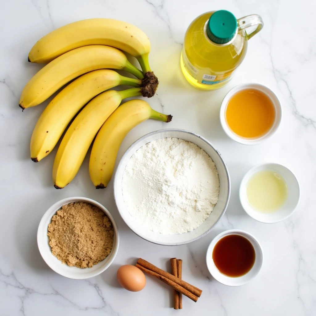 Ingredients for banana bread recipe without butter, including ripe bananas, olive oil, flour, brown sugar, eggs, and cinnamon, arranged on a countertop.