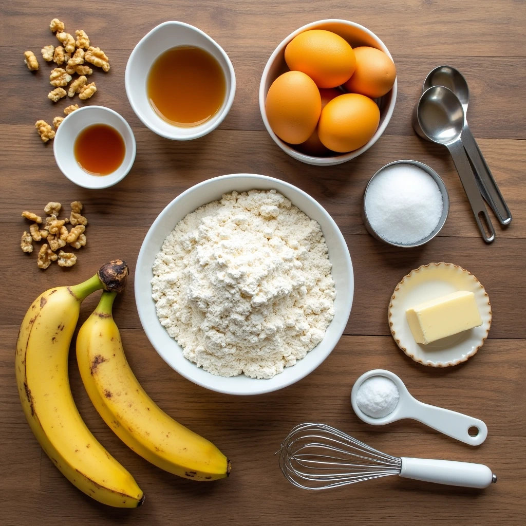 Ingredients for bread machine banana bread, including ripe bananas, flour, sugar,