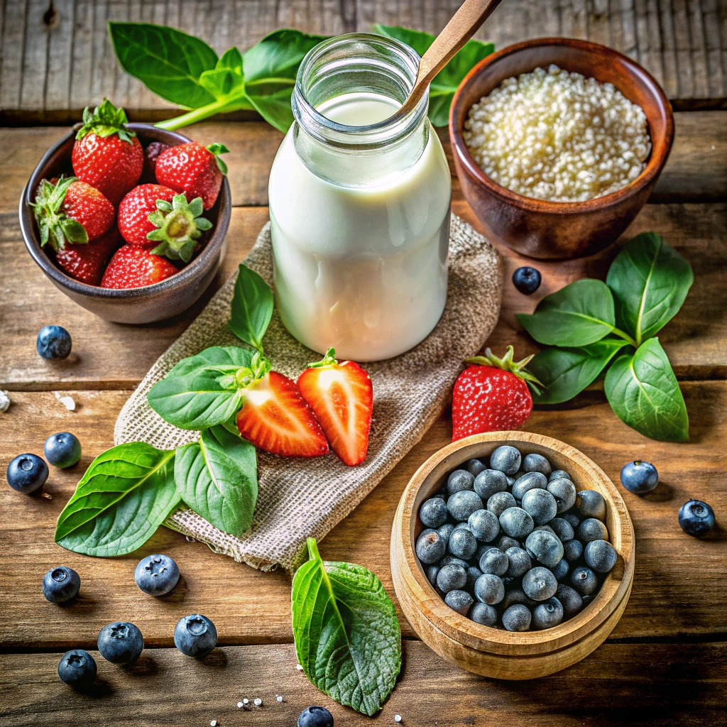 Ingredients for raw kefir smoothie raw kefir, berries, banana, spinach, chia seeds, and honey on a wooden table