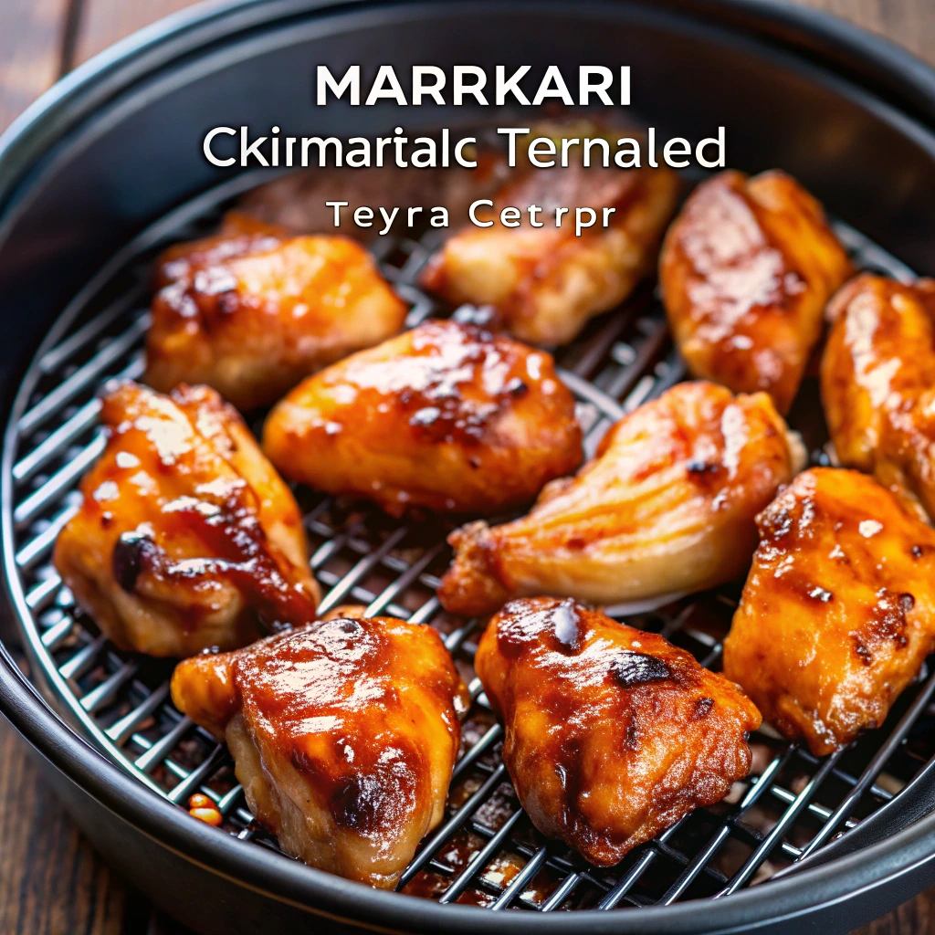 Marinated air fryer teriyaki chicken cooking in an air fryer basket, showing golden-brown, caramelized pieces ready to serve.