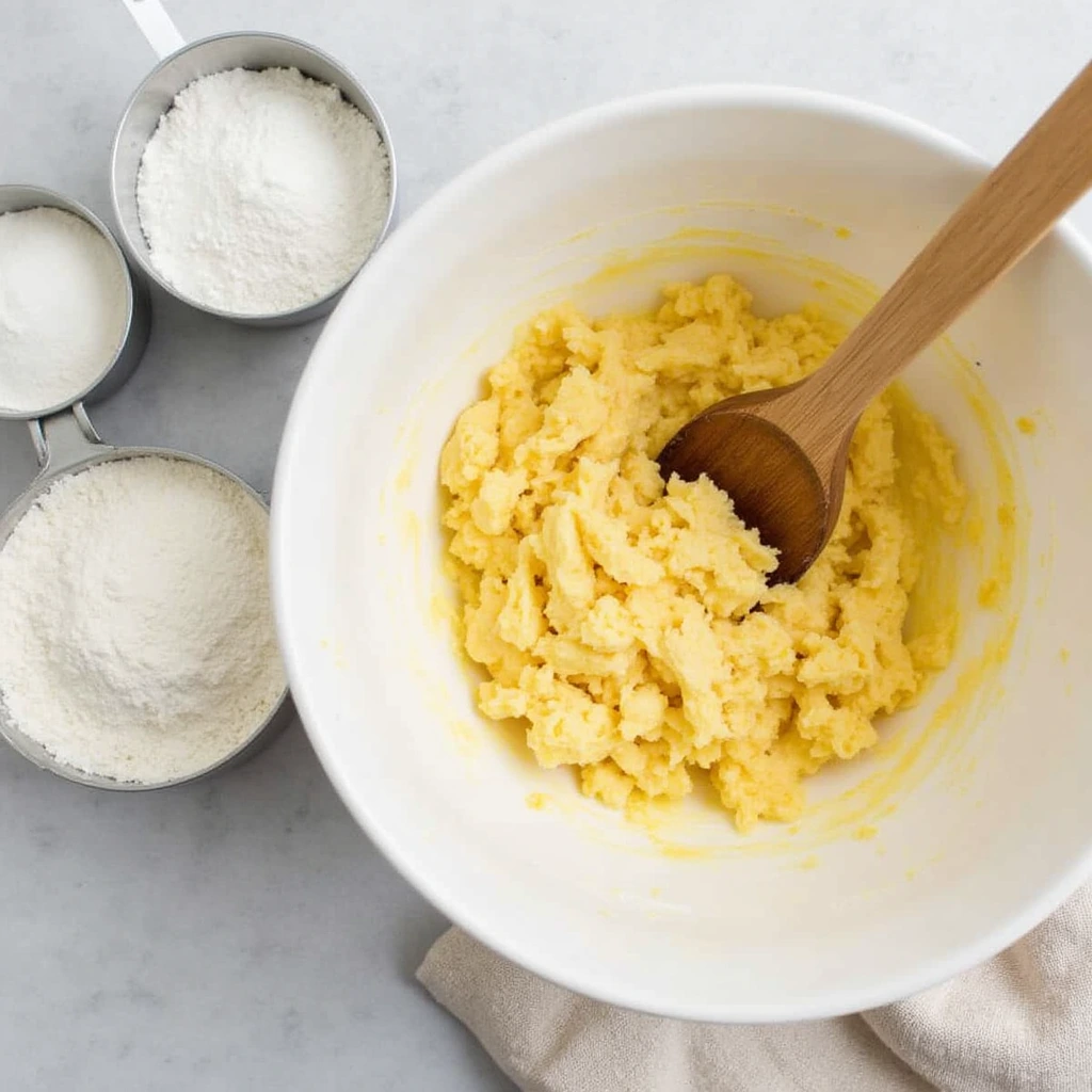 Mixing ingredients for moist banana bread without butter, showing mashed bananas and flour being combined for a dairy-free banana bread recipe.