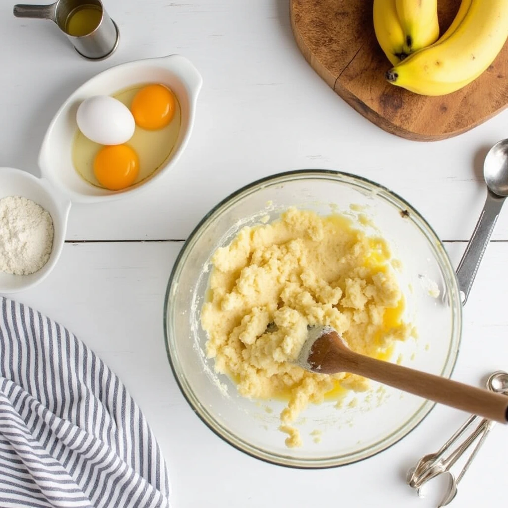 Mixing mashed bananas, eggs, and self-rising flour in a bowl while preparing 3-ingredient banana bread in a cozy kitchen setting.