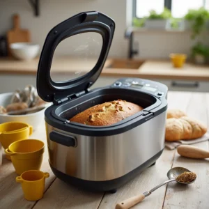 Modern bread machine banana bread, with the lid open to reveal the loaf inside.