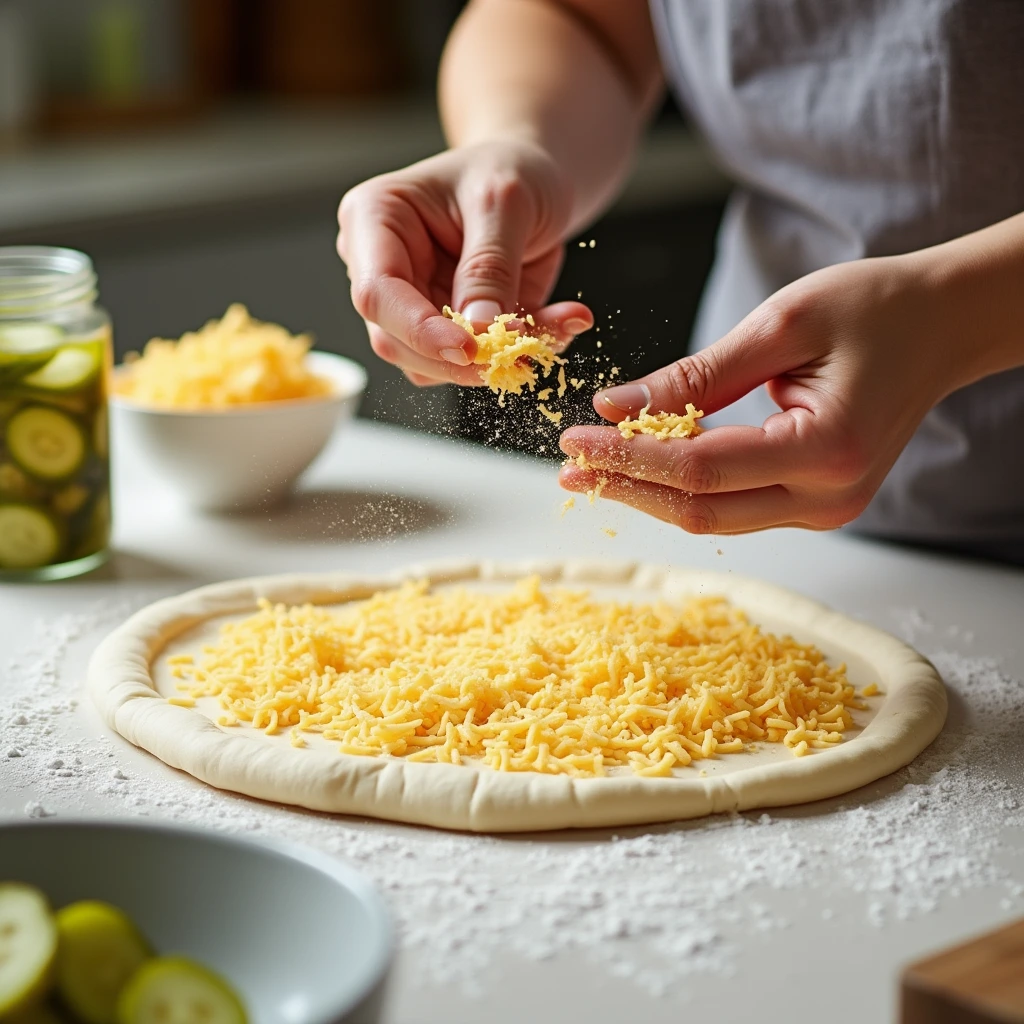 Preparing Pickle Pie Pizza rolling out dough with pickles, cheese, and ranch dressing nearby on a kitchen counter.