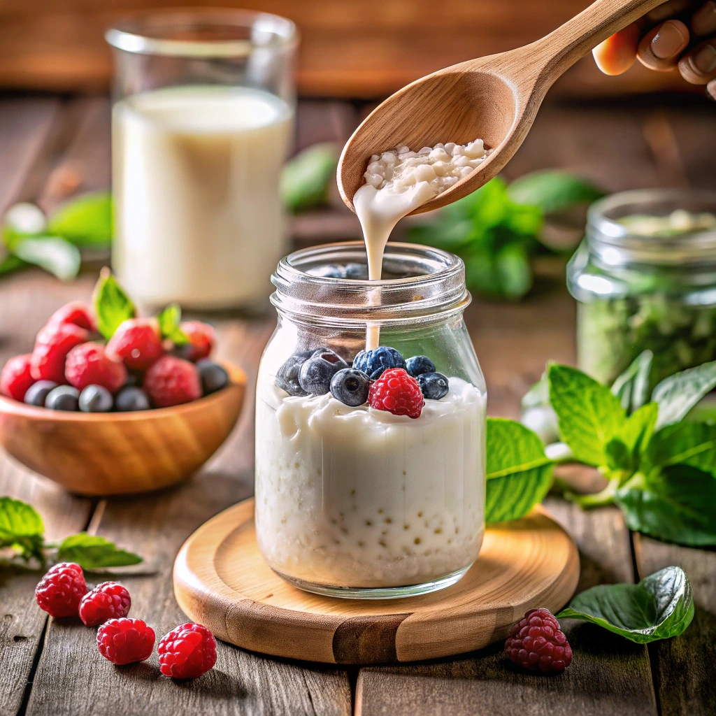 Raw kefir preparation kefir grains added to milk in a jar, with berries and spinach nearby.