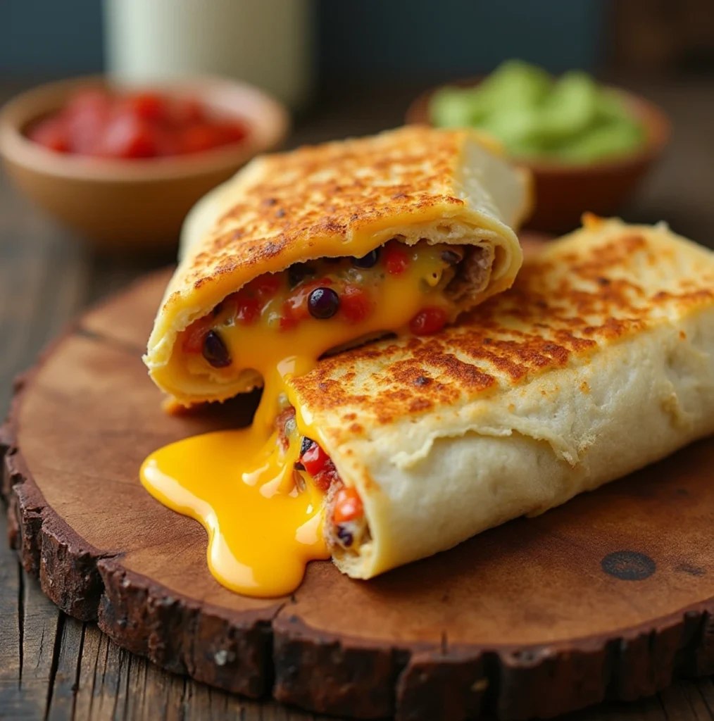 Golden-brown grilled cheese burrito cut in half, revealing melty cheese interior