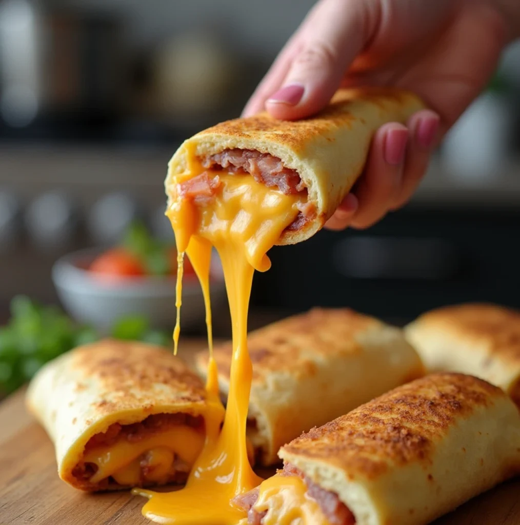 Golden-brown grilled cheese burrito cut in half, revealing melty cheese interior