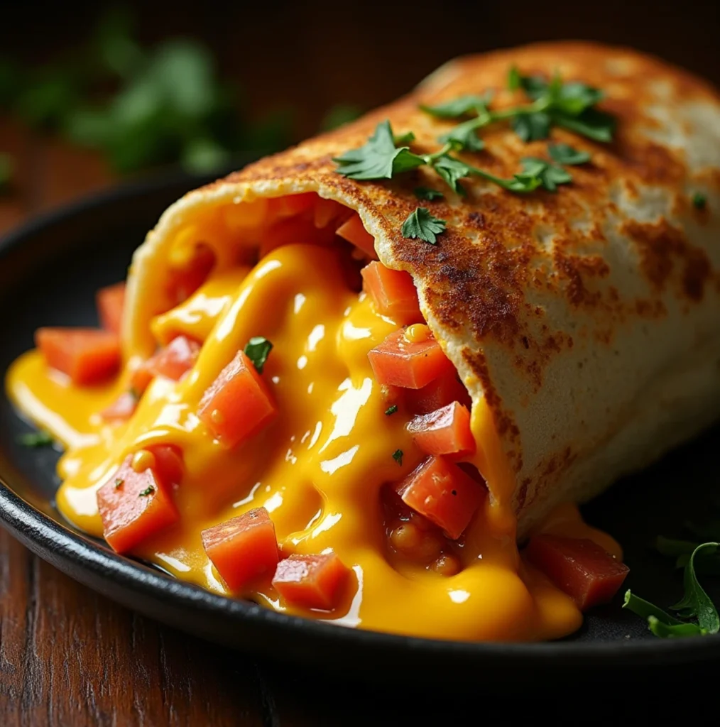 Golden-brown grilled cheese burrito cut in half, revealing melty cheese interior