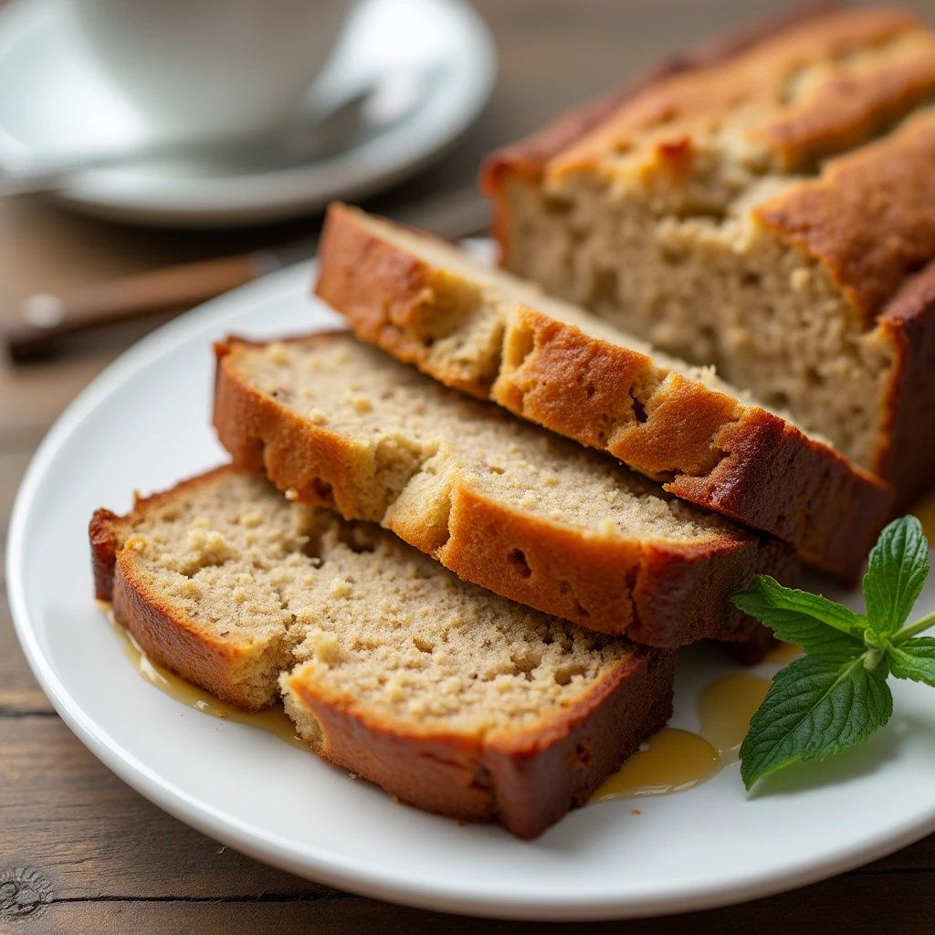 Sliced and served banana bread without butter on a white plate, highlighting a moist and healthy banana bread recipe made with oil instead of butter.