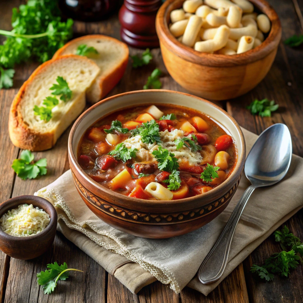 Flat lay of fresh ingredients for Pasta Fagioli recipe, including diced carrots, celery, onions, garlic, beans, tomatoes, pasta, and fresh herbs, displayed on a rustic wooden countertop