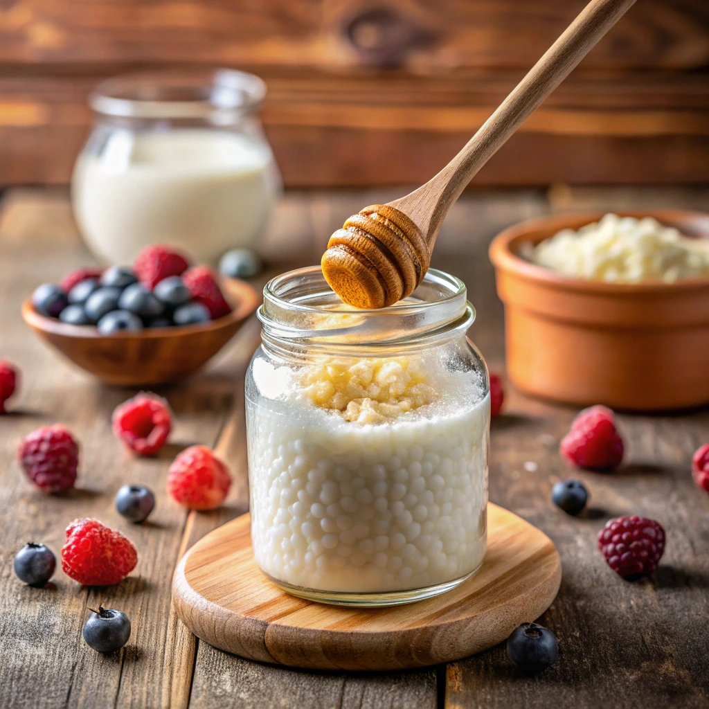 A glass of cows milk kefir smoothie with berries and mint, served with granola and honey