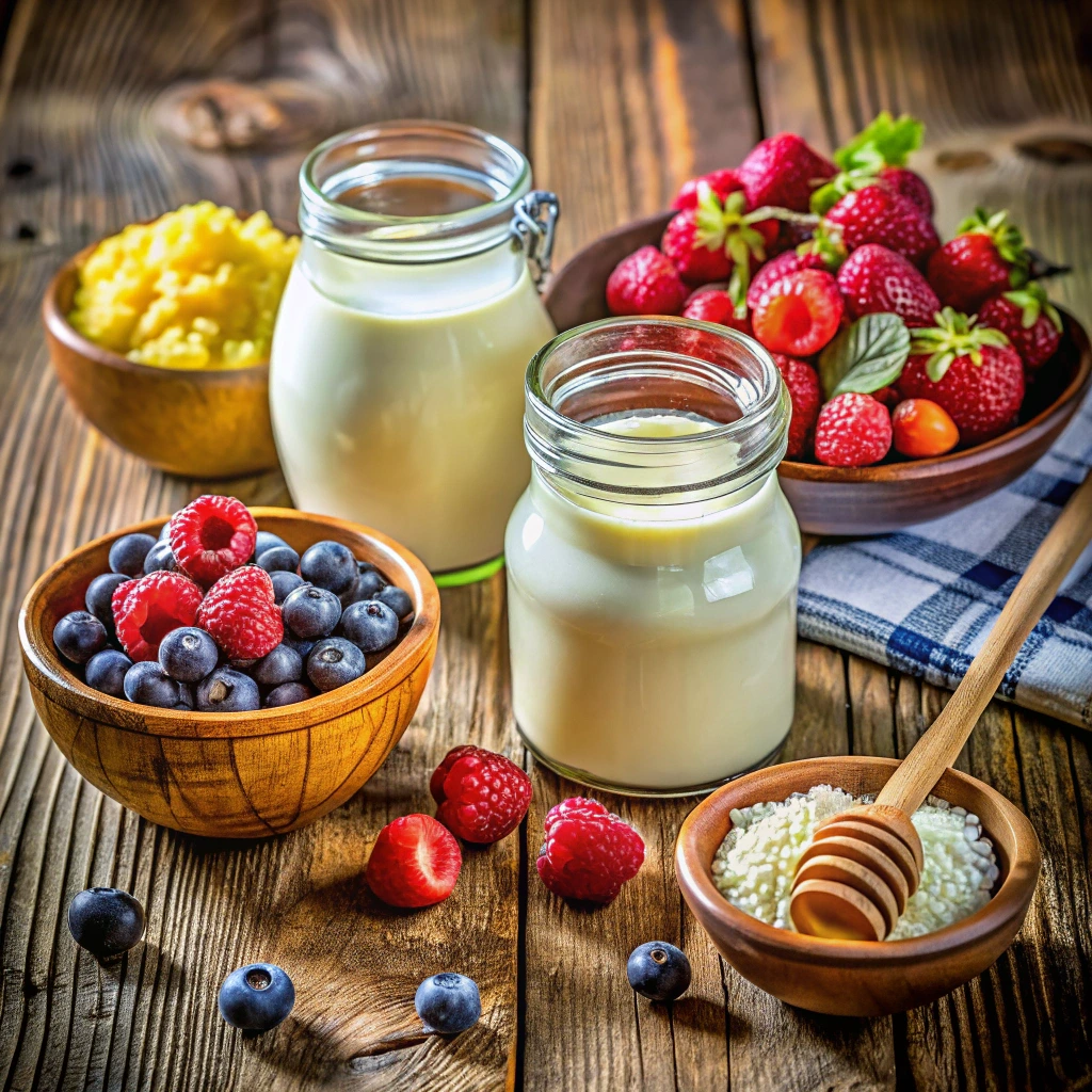 Preparing cows milk kefir: adding kefir grains to milk in a jar, with berries and honey nearby