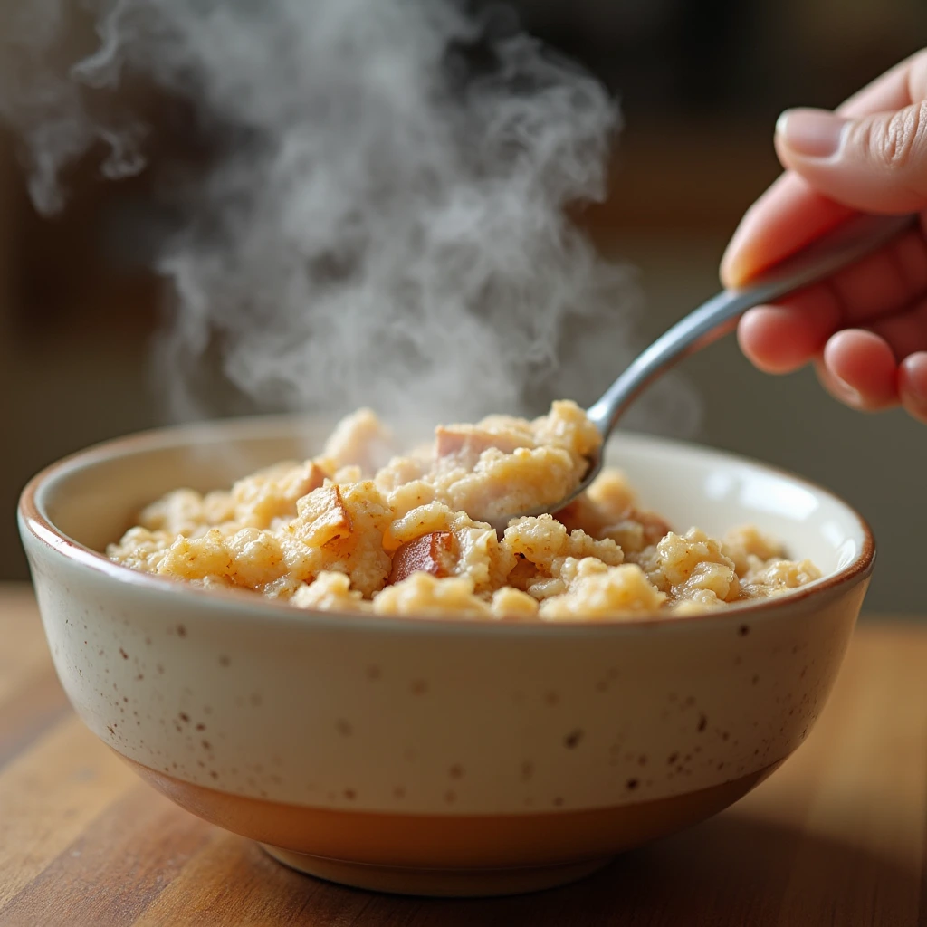 Preparing a quick and easy breakfast with Quaker Apple Cinnamon Oatmeal. Milk is being poured into a bowl of steaming oatmeal, ready to be enjoyed.
