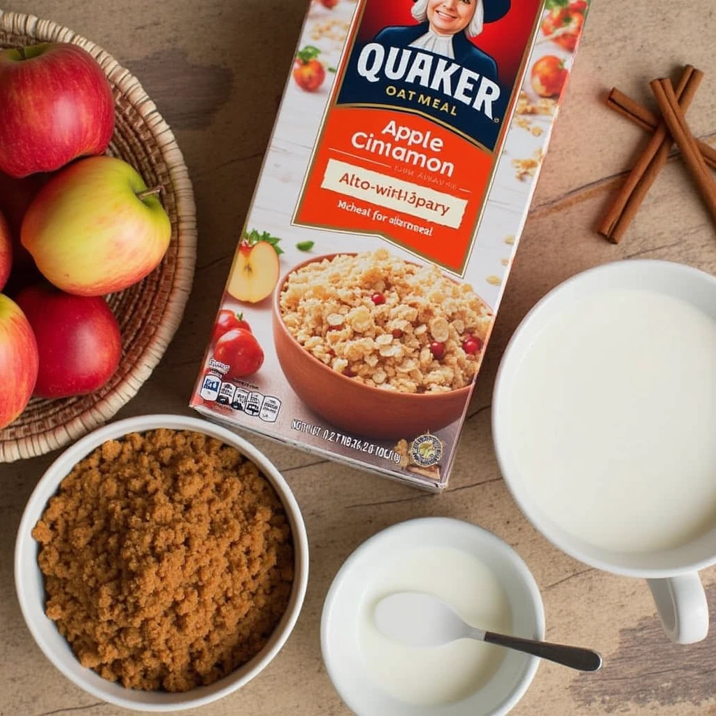 Ingredients for a warm bowl of Quaker Apple Cinnamon Oatmeal, including fresh apples, cinnamon sticks, and a carton of milk.