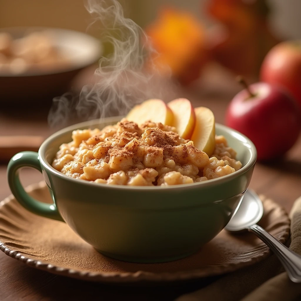 A delicious and comforting Apple Cinnamon Oatmeal Bake made with Quaker Apple Cinnamon Oatmeal, topped with chopped nuts and a drizzle of maple syrup.